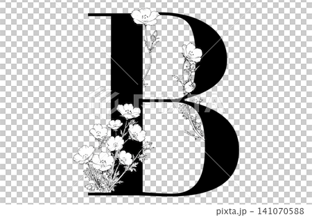 字母、花朵、淺藍色的眼睛、黑白插圖 字母、花朵、淺藍色的眼睛、黑白插圖 141070588