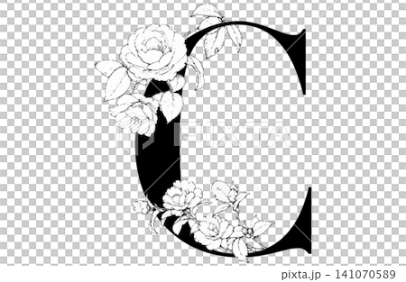 アルファベット　レター　花　カメリア　白黒　イラスト 141070589
