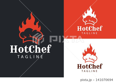 Chef Hat with Flame Minimalist Logo for Restaurant, Catering, Culinary School, Bakery, Kitchen Service and Food Business 141070694