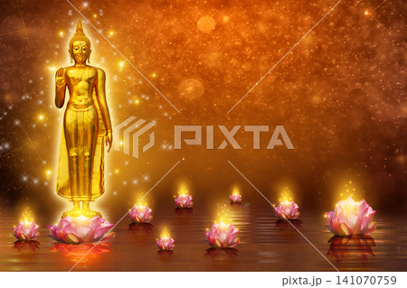 Golden Standing Buddha Statue Surrounded by Pink Lotus Flowers with Glowing Divine Light and Sparkles on Dark Background 141070759