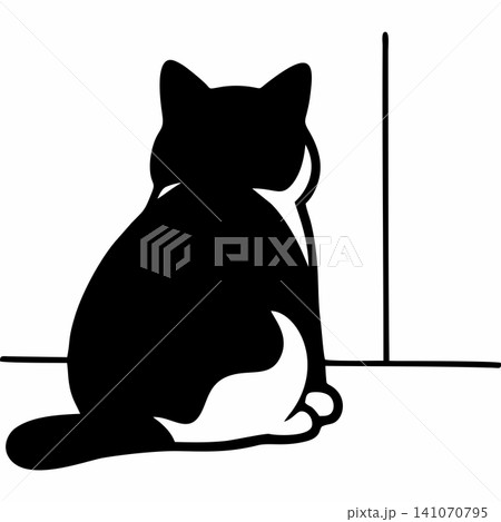 A vector silhouette illustration of a black cat sitting and staring at a wall. A vector silhouette illustration of a black cat sitting and staring at a wall. 141070795