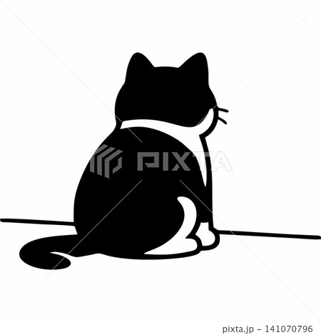 A vector silhouette illustration of a black cat sitting and staring at a wall. 141070796