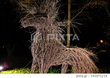 A striking horse sculpture crafted from woven branches stands in a dark park A striking horse sculpture crafted from woven branches stands in a dark park 141071214