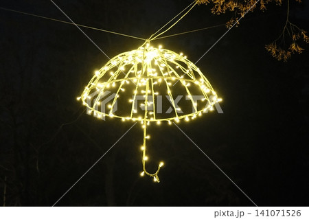 Yellow string lights form an illuminated umbrella hanging outdoors from branches at night 141071526