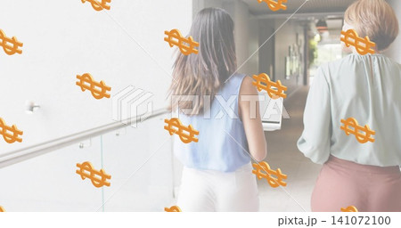 Walking two women wearing office attire down hall with glass-railing carrying laptop orange-$-icons 141072100