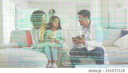 Consulting doc with stethoscope mom in yellow and kid on sofa holding stuffed animal green overlay Consulting doc with stethoscope mom in yellow and kid on sofa holding stuffed animal green overlay 141072128