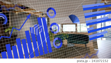 Displaying AR HUD overlay floating over living room, showing grid, charts, green sofa, plants Displaying AR HUD overlay floating over living room, showing grid, charts, green sofa, plants 141072152