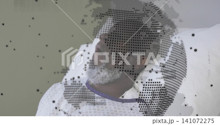 Reclining patient in clinic wearing patterned gown, purple collar on white pillow, dot overlay Reclining patient in clinic wearing patterned gown, purple collar on white pillow, dot overlay 141072275