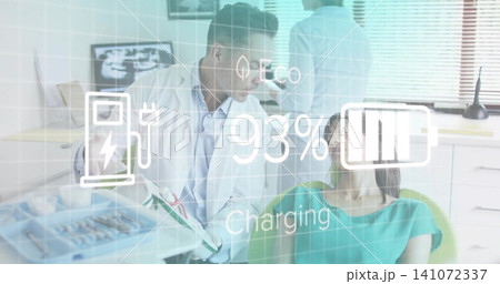 Leaning dentist in lab coat holding chart, examining patient in dental chair, tray, HUD 93% Leaning dentist in lab coat holding chart, examining patient in dental chair, tray, HUD 93% 141072337