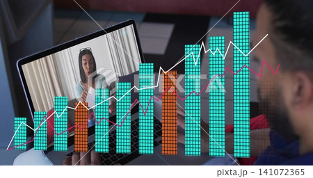Watching laptop host holding paper in light top presenting data with charts on couch, copy space Watching laptop host holding paper in light top presenting data with charts on couch, copy space 141072365