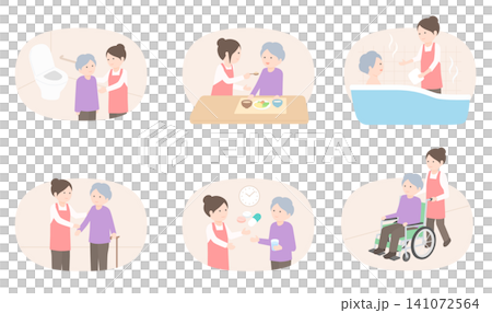 一組描繪幫助老年婦女進行日常生活活動的插圖。 一組描繪幫助老年婦女進行日常生活活動的插圖。 141072564