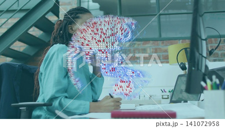 Analyzing woman in teal blouse with braided hair, holding pen at office desk with holographic globe Analyzing woman in teal blouse with braided hair, holding pen at office desk with holographic globe 141072958