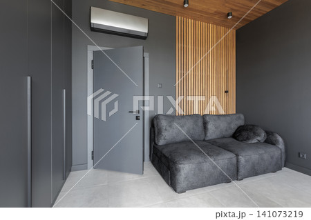 Modern Minimalist Interior with Dark Sofa and Wooden Accents Modern Minimalist Interior with Dark Sofa and Wooden Accents 141073219