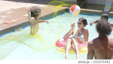 Floating woman in light bikini and sunglasses in pink-yellow donut at backyard pool, holding bottle 141073342