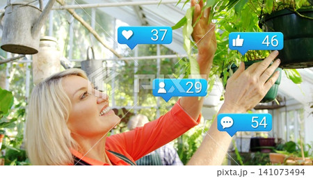 Reaching woman tending hanging fern in greenhouse, in coral shirt and green apron, social icons Reaching woman tending hanging fern in greenhouse, in coral shirt and green apron, social icons 141073494