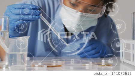 Pipetting lab tech moving drop into petri dishes on lab bench, wearing blue gloves mask and goggles Pipetting lab tech moving drop into petri dishes on lab bench, wearing blue gloves mask and goggles 141073615