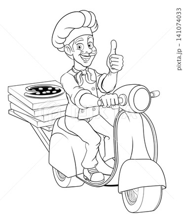 Pizza Delivery Chef on Scooter Line Art Pizza Delivery Chef on Scooter Line Art 141074033