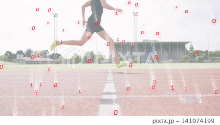 Sprinting male in black-singlet and shorts clearing lane on track with neon shoes, binary overlay 141074199