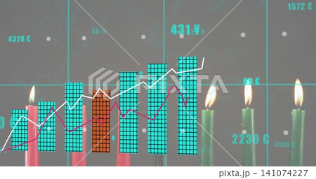 Blending row of lit taper candles with overlaid financial chart on table, featuring turquoise bars Blending row of lit taper candles with overlaid financial chart on table, featuring turquoise bars 141074227
