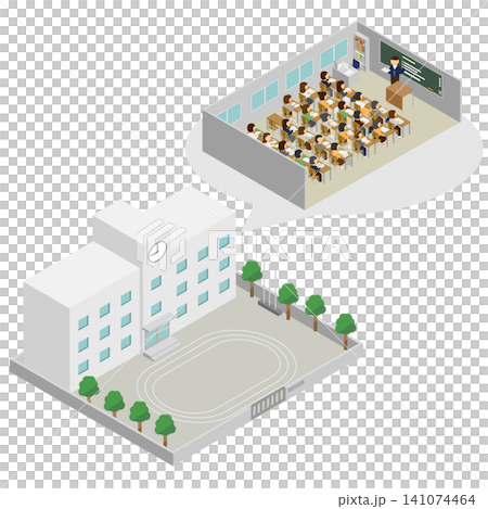 A set of isometric illustrations depicting a school building and classroom lessons within it. A set of isometric illustrations depicting a school building and classroom lessons within it. 141074464