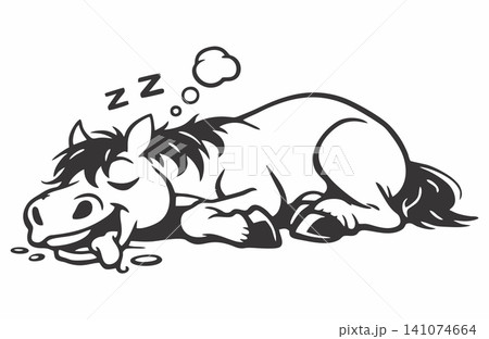 Vector illustration of a cute cartoon horse character sleeping. Vector illustration of a cute cartoon horse character sleeping. 141074664