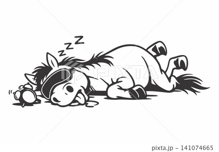 Vector illustration of a cute cartoon horse character sleeping. 141074665