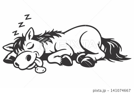 Vector illustration of a cute cartoon horse character sleeping. Vector illustration of a cute cartoon horse character sleeping. 141074667