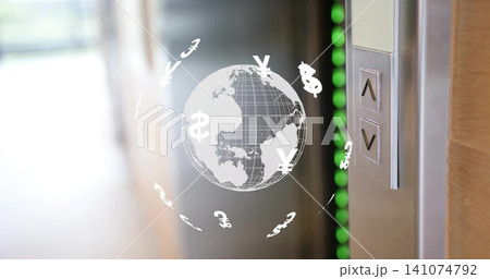 Projecting stylized globe over elevator panel at hallway, showing floating currency symbols 141074792