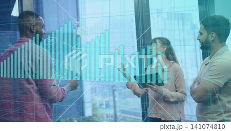 Analyzing overlay, business-casual coworkers gesturing at glass wall in office with tablet and cup 141074810