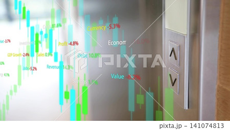Projecting candlestick charts and labels on reflective wall in corridor, with elevator panel 141074813