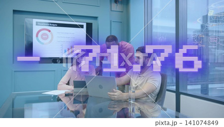 Reviewing budgets, five professionals gathering around laptop at office wearing business attire 141074849