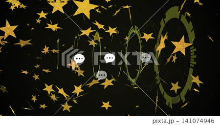 Floating gold foil stars and three olive-green HUD rings on dark dotted grid with speech bubbles 141074946