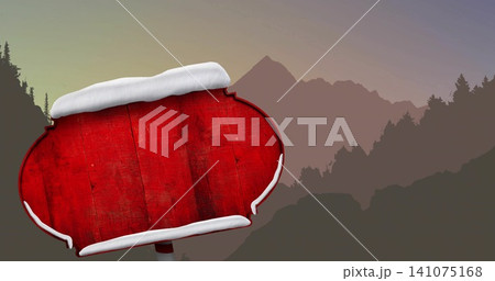 Standing red oval wooden sign with paint wear on post in mountain dawn, snow patches, conifers Standing red oval wooden sign with paint wear on post in mountain dawn, snow patches, conifers 141075168