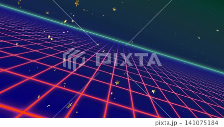 Glowing neon grid plane receding toward bright cyan horizon in synthwave landscape, with gold stars Glowing neon grid plane receding toward bright cyan horizon in synthwave landscape, with gold stars 141075184