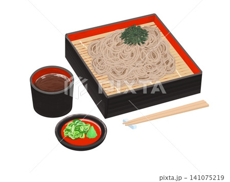 薬味のネギとわさびと蕎麦つゆが添えてあるざる蕎麦のイラスト 薬味のネギとわさびと蕎麦つゆが添えてあるざる蕎麦のイラスト 141075219