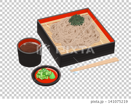 薬味のネギとわさびと蕎麦つゆが添えてあるざる蕎麦のイラスト 薬味のネギとわさびと蕎麦つゆが添えてあるざる蕎麦のイラスト 141075219