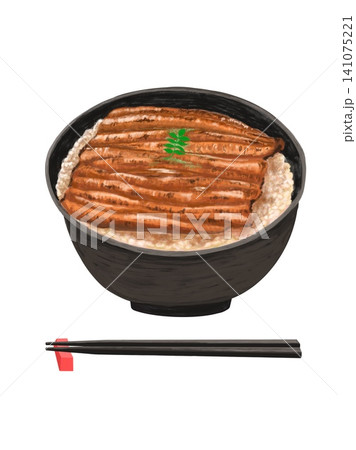 白バックに箸置きと箸を添えた美味しそうな鰻丼イラスト 141075221
