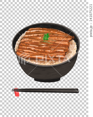 一碗看起來很美味的鰻魚飯,有筷子和筷架,背景是白色。 一碗看起來很美味的鰻魚飯,有筷子和筷架,背景是白色。 141075221
