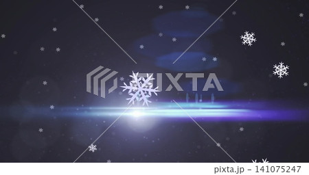 Glowing central snowflake overlapping blue-purple flare in navy backdrop, with snowflakes and bokeh Glowing central snowflake overlapping blue-purple flare in navy backdrop, with snowflakes and bokeh 141075247