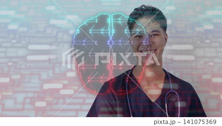 Smiling clinician wearing dark scrubs and stethoscope posing at clinic wall, neon brain, copy space Smiling clinician wearing dark scrubs and stethoscope posing at clinic wall, neon brain, copy space 141075369