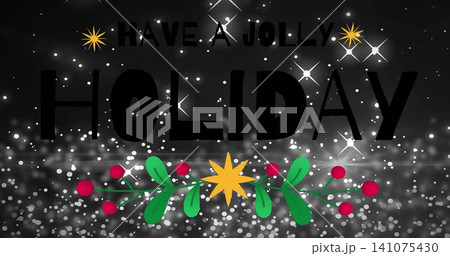 Featuring bold HOLIDAY dominating glitter backdrop, HAVE JOLLY header, golden star and garland Featuring bold HOLIDAY dominating glitter backdrop, HAVE JOLLY header, golden star and garland 141075430