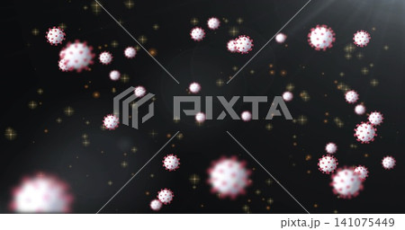 Floating cluster of spherical virus-like particles drifting in dark void, with red spikes and glow Floating cluster of spherical virus-like particles drifting in dark void, with red spikes and glow 141075449