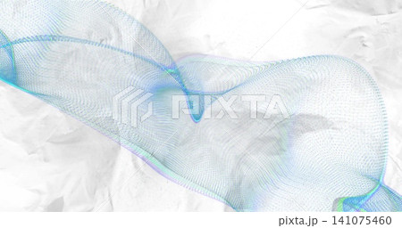 Flowing mesh ribbon sweeping across studio paper backdrop, showing crumpled creases, teal glow 141075460