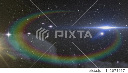 Arcing iridescent rainbow ring in space meeting gray nebula blue streak golden rays spiky-starfield Arcing iridescent rainbow ring in space meeting gray nebula blue streak golden rays spiky-starfield 141075467