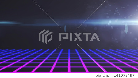 Receding neon tiled grid floor stretching into dark digital stage, featuring magenta and blue lines 141075497