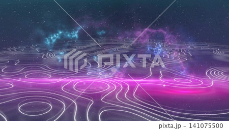 Glowing contour lines flowing across futuristic space plain, featuring neon magenta light band Glowing contour lines flowing across futuristic space plain, featuring neon magenta light band 141075500