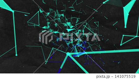 Forming teal glowing nodes connecting by beams with wire triangles hubs particles on dark backdrop 141075519