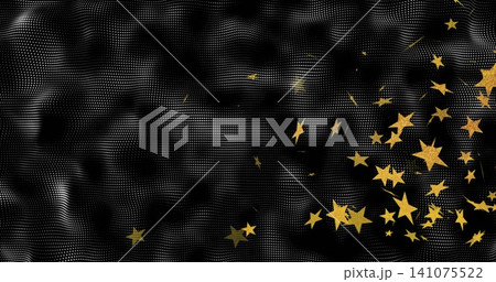 Floating metallic gold stars and confetti drifting on right side over halftone mesh, copy space Floating metallic gold stars and confetti drifting on right side over halftone mesh, copy space 141075522
