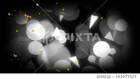 Glowing abstract cluster forming on dark backdrop, with bokeh circles, light shards, gold stars 141075523