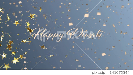 Displaying metallic Happy Diwali text on digital card with clustered gold stars and confetti Displaying metallic Happy Diwali text on digital card with clustered gold stars and confetti 141075544
